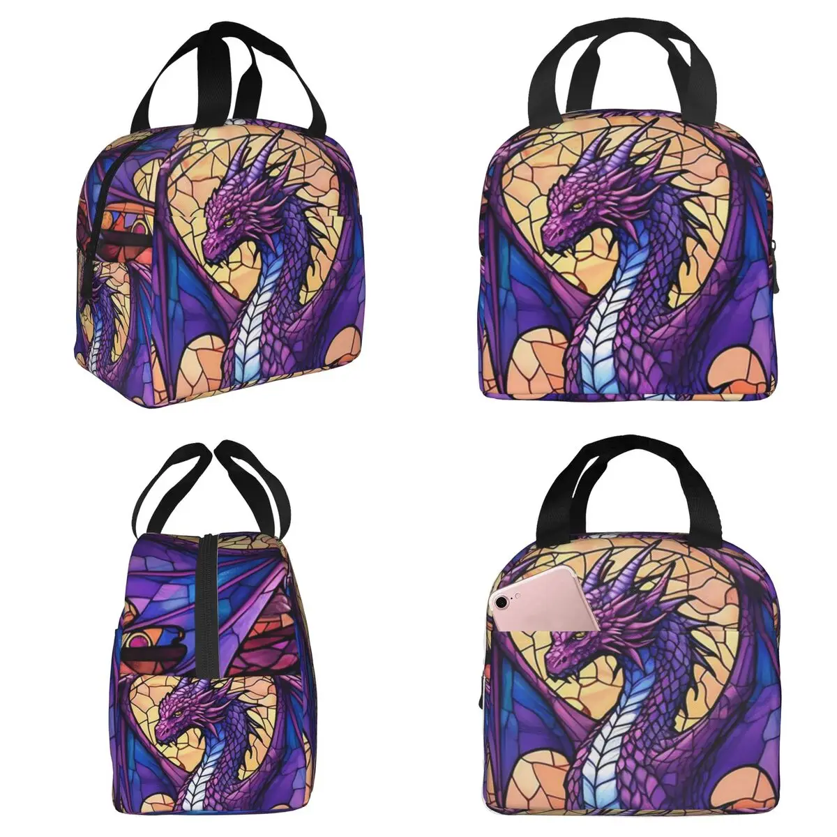 Glass Purple Dragon Pattern Insulated Lunch Bag for Women Office Cooler Thermal Food Box Tote Leakproof Lunch Boxes Container