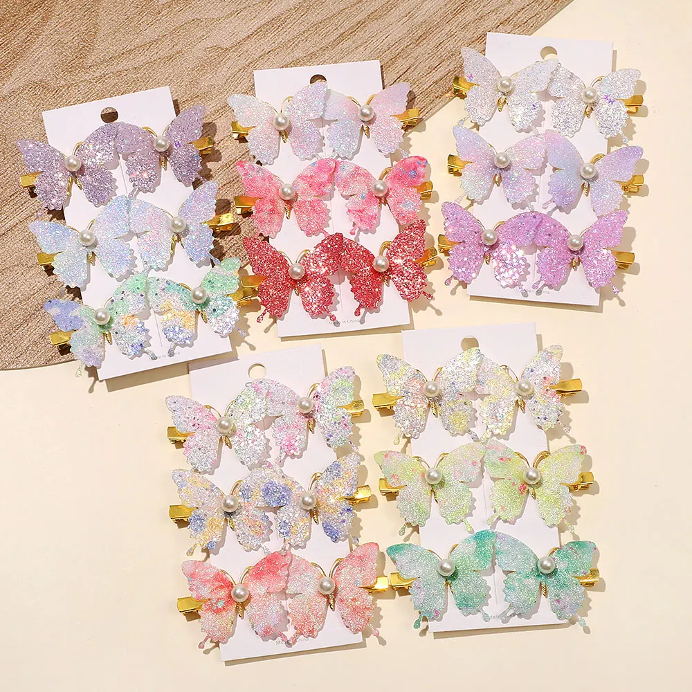 6Pcs Exquisite Sequin Butterfly Hair Clip Korean Style Pearl Metal Bow Hairgripes Women Girl Fashionable Hair Accessories