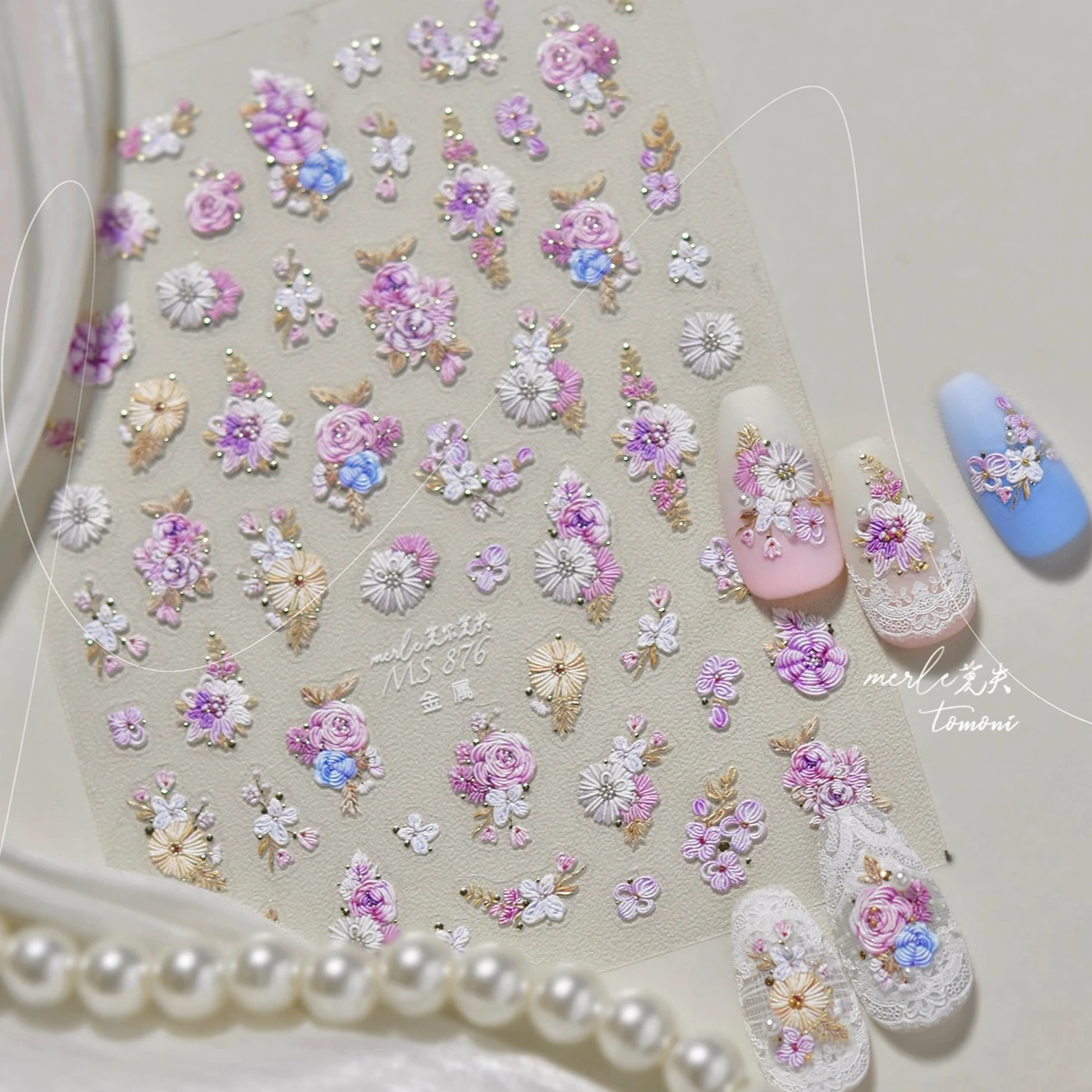 Classical Pink Blue White Embroidery Flower Bright-colored Blossom Geometry DIY Nail Art Stickers Chinese Style Manicure Decals