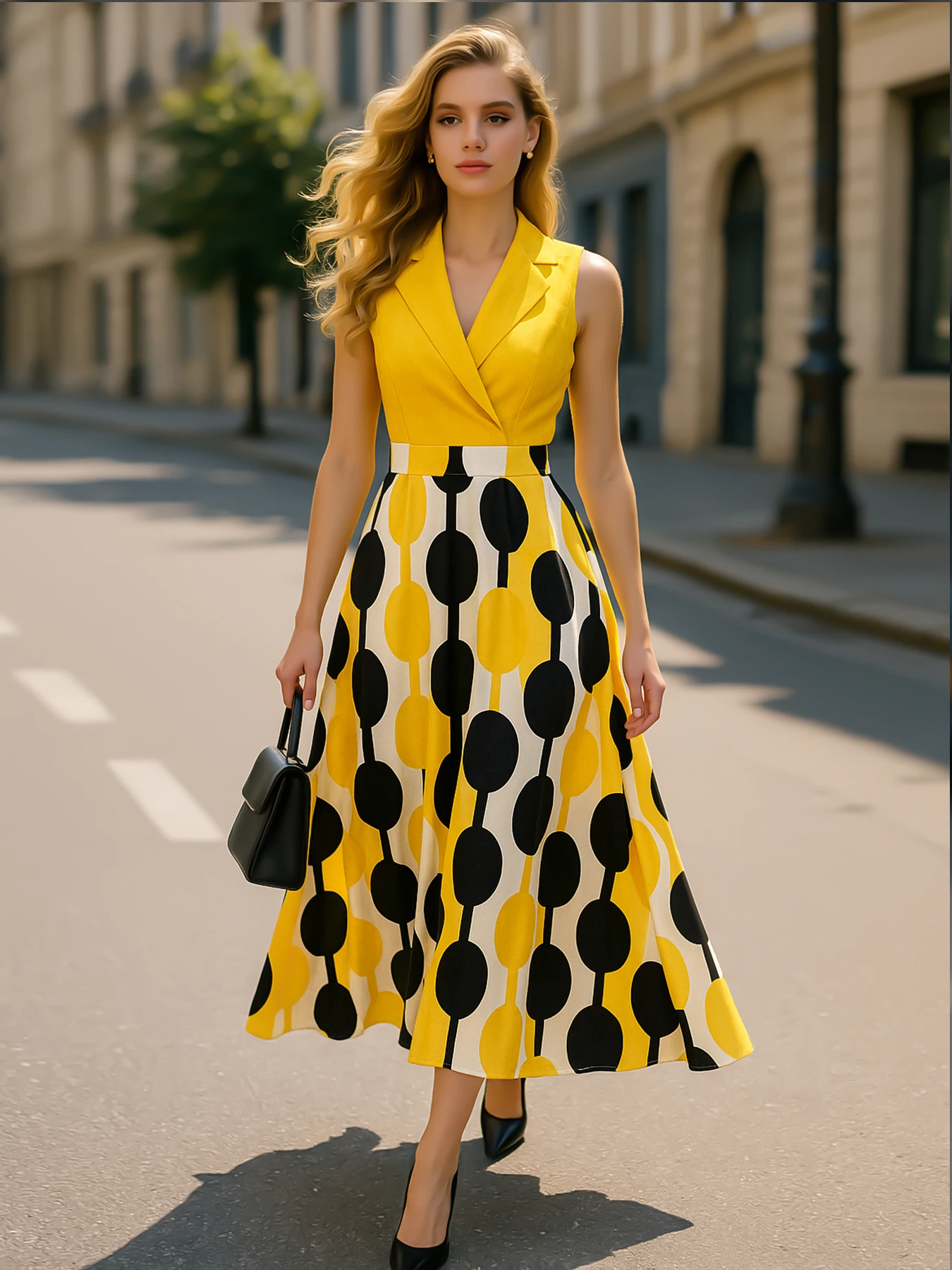 Womens Summer Sleeveless Geometry Print Notched Patchwork Elegant Yellow A-Line Casual Party Maxi Fit And Flare Swing Long Dress