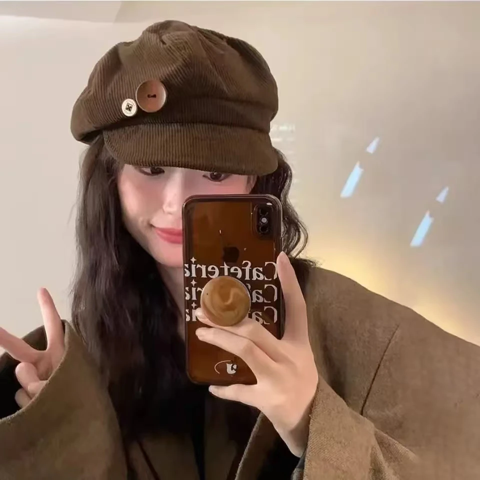 Double Button Decoration Corduroy Baseball Caps Keep Warm Windproof Newspaper Hat Adjustable Beret Autumn Winter Sun Cap