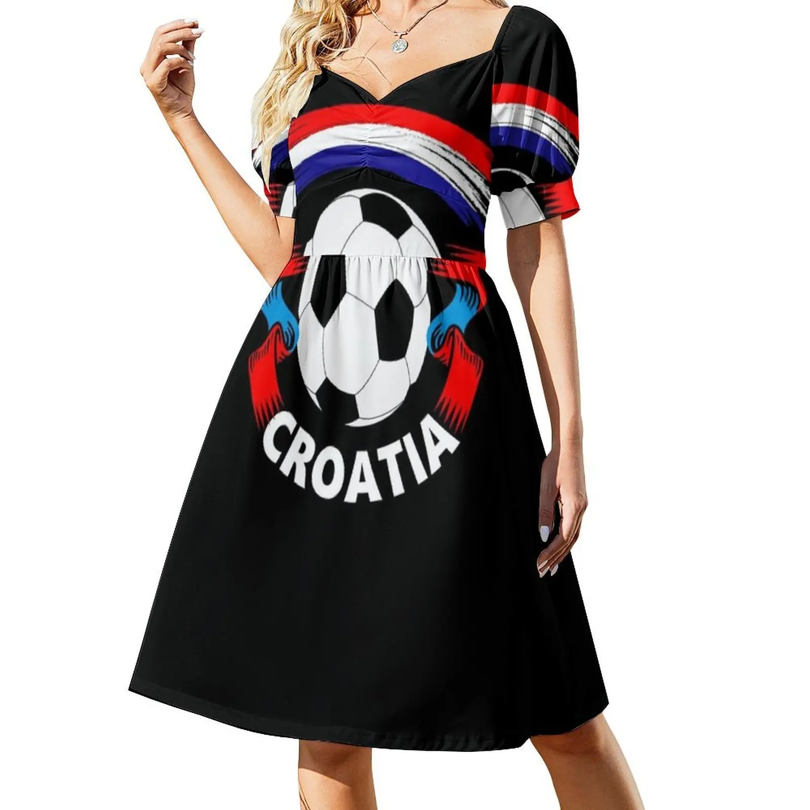 Gaun Kasual Gaya Korea dengan Bendera Penggemar Sepak Bola Kroasia untuk Wanita, Gaun Kantor Sederhana untuk Sehari-hari, Gaun Wanita yang Menunjukkan Kebanggaan Kroasia