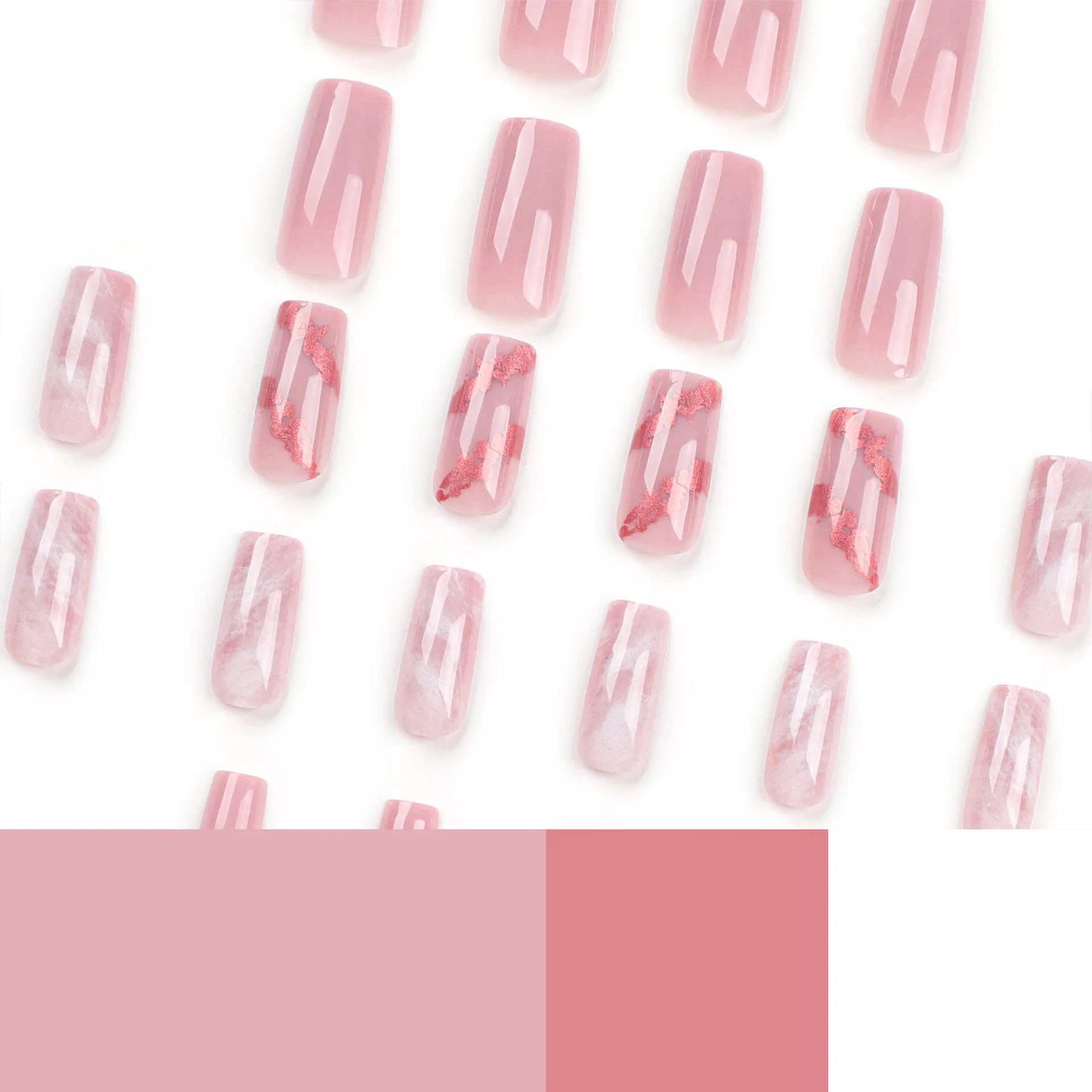 24 pçs simples e doce rosa imprensa em unhas estilo longo carimbo quente em pó branco unhas falsas cobertura completa wearable unhas falsas