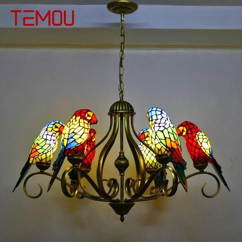 TEMOU Tiffany parrot Chandelier LED Vintage Creative Color Glass Pendant Lamp Decor for Home Living Room Bedroom Hotel