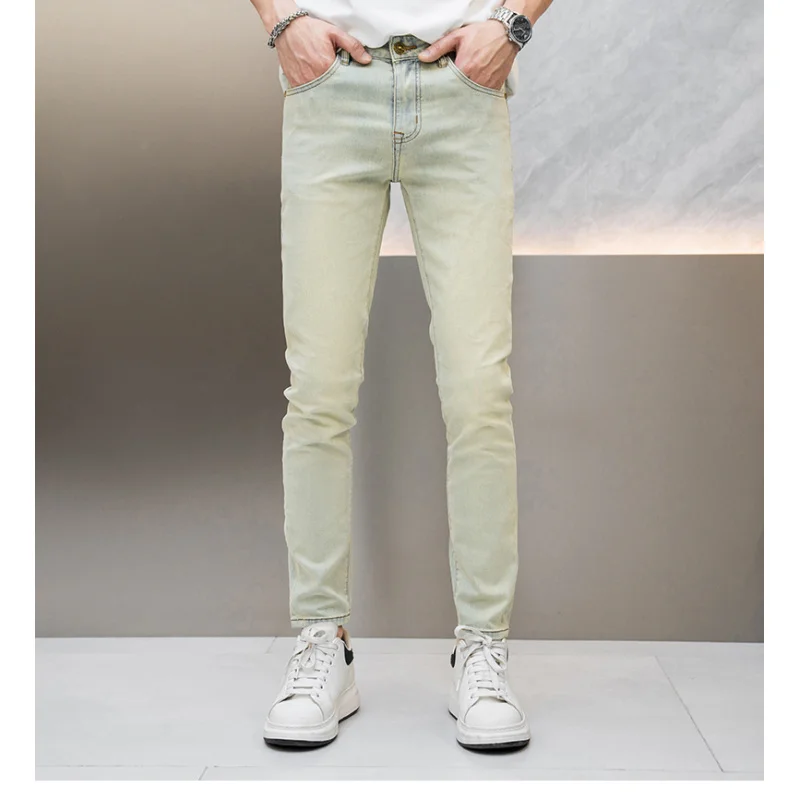 Retro Yellow Mud-Color Jeans Men's Spring/Summer Thin Stretch Slim Fit Skinny and All-Matching Light Luxury Nostalgic Long