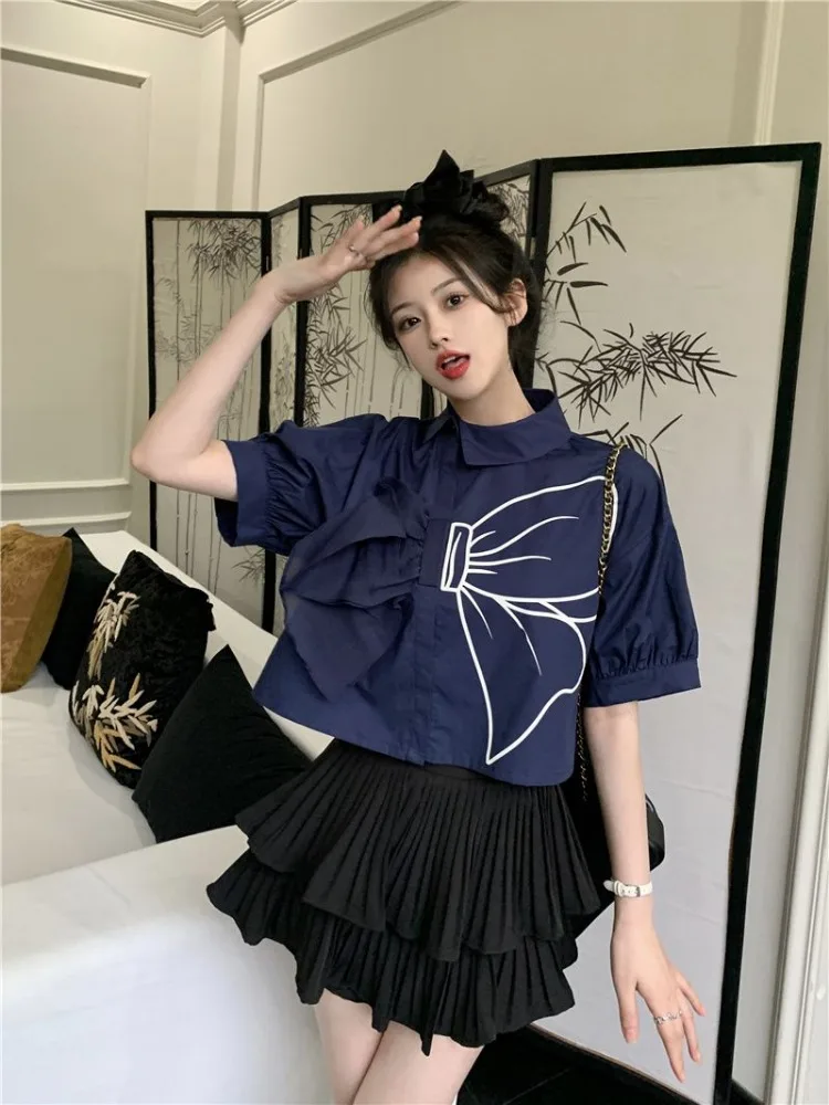 Hikigawa Chic Fashion Sweet Girls Bow Patchwork Puff Long Sleeve Blouse Women Vintage Elegant Print Short Shirts Tops Ropa Mujer