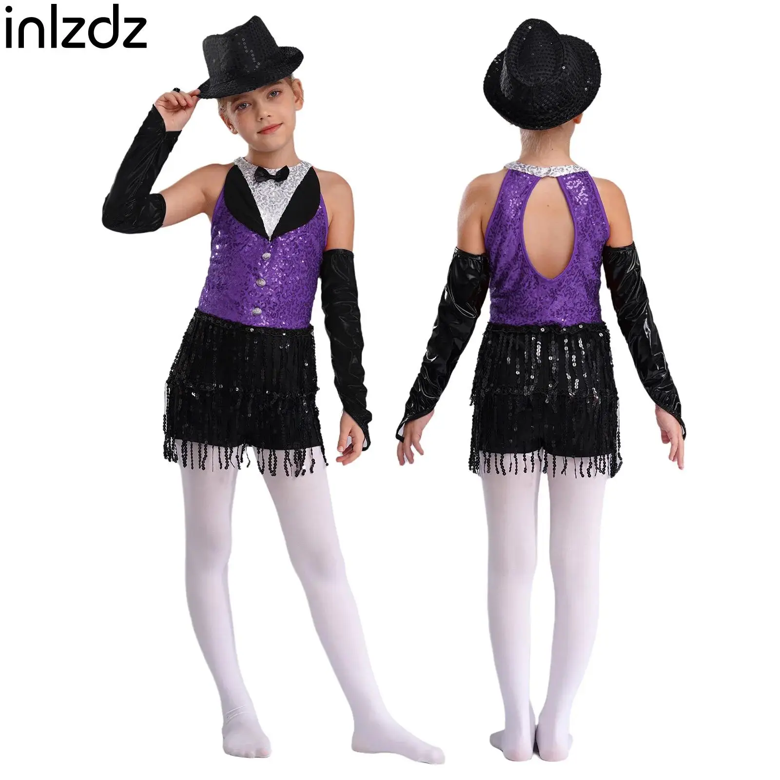 สาวละตินแจ๊ส Cha-cha เต้นรําเสื้อผ้าชุดเด็ก Sparkly เลื่อมพู่ Leotard กับถุงมือหมวกชุดสําหรับ Performance Dance Party