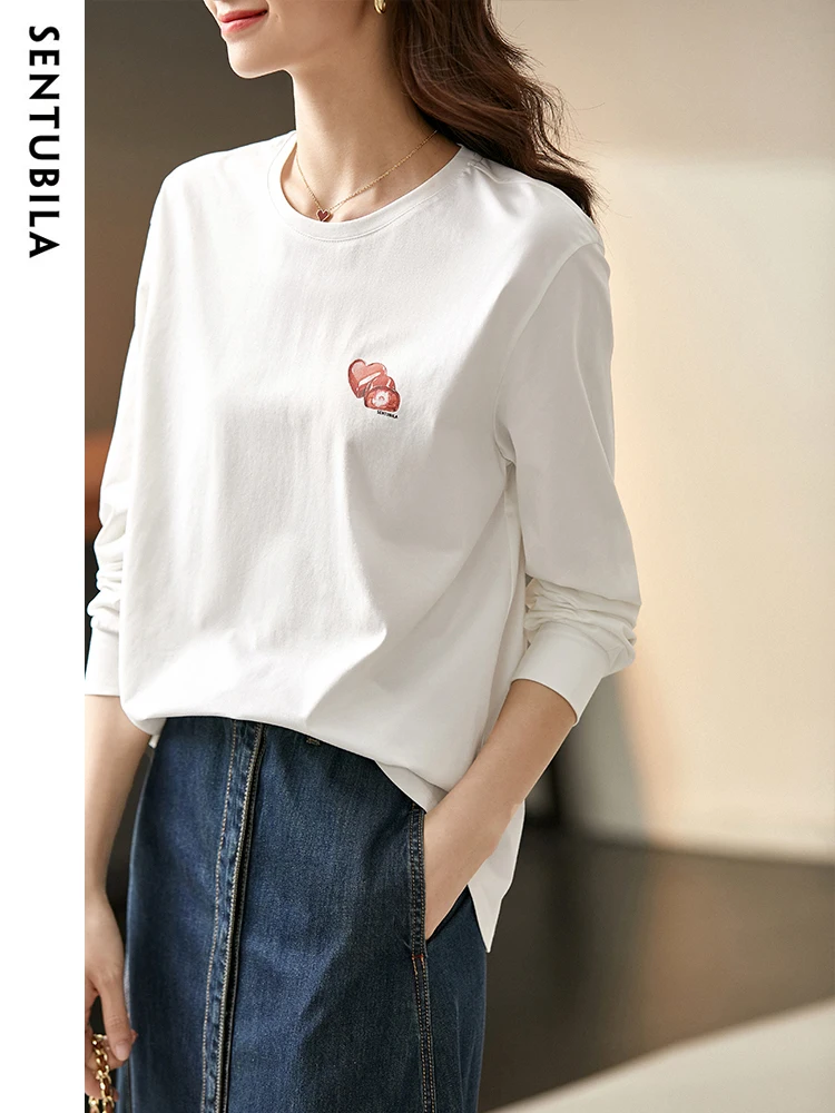 SENTUBILA Long Sleeve Print T-Shirts for Women 2024 Spring Autumn Fashion Round Neck Straight Loose White Tee Shirts Casual Tops