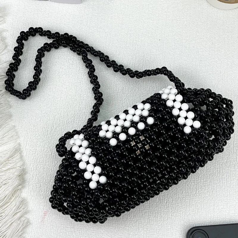 

Black and White Contrasting Handmade Beaded Women Shoulder Bag Acrylic Bead Hollow Out Design Evening Clutch Bag Bolsa Feminina