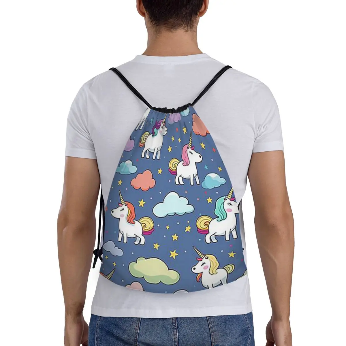 Unicorn Cartoon Design Cute Whimsical Nursery Decor Backpacks Drawstring Bundle Pocket Sports Bag Book Bags for Travel School