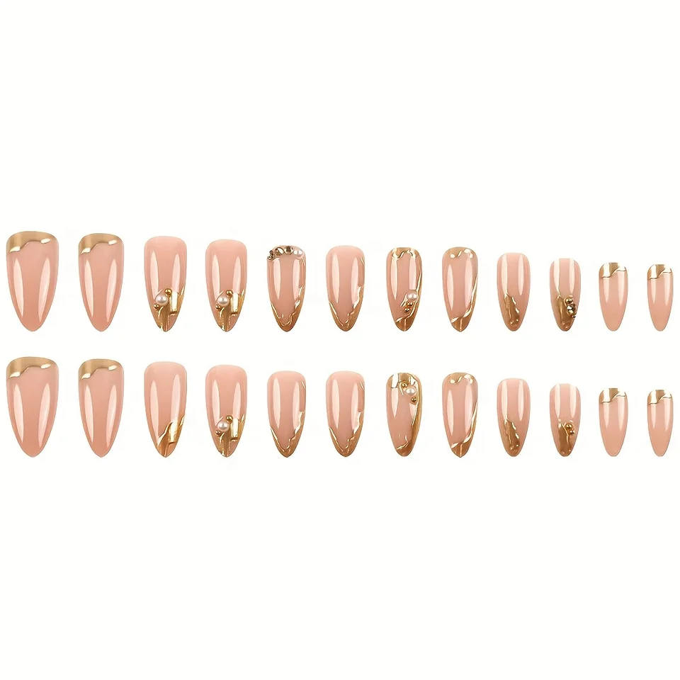 24 uñas postizas color nude, forma almendra, borde dorado francés, perlas blancas, cubierta completa, sencillas, para mujer 5