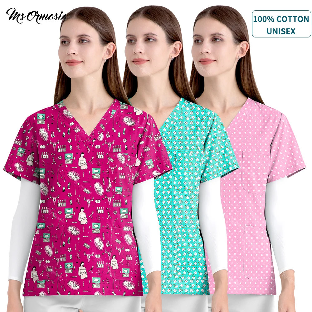 Women's Cartoon Floral Animal Printing Scrubs Tops Casual 3 Pocket Tee Fashion Short Sleeve Nurses Uniforms Blouse Unisex Shirts