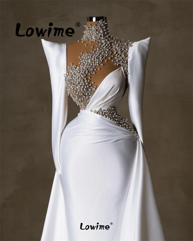 Formal White Evening Dress Long Sleeves Custom Made Beaded Crystal Mermaid Party Gowns 2024 Prom Birthday Engagement Dresses