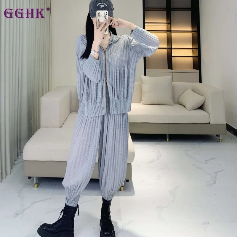 GGHK Pleated Women 2 Piece Solid Color Zipper Hooded Top Fashion Sports Casual Haren Pants 2025 Spring Fall New Female Suit