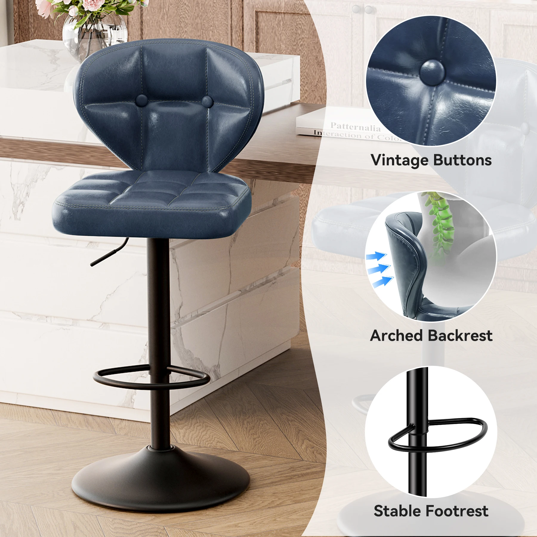 Swivel Bar Stools Set of 2, Adjustable Pu Leather Barstools，Counter Height Bar Stools With Back And Footrest, Heavy Duty 200kg