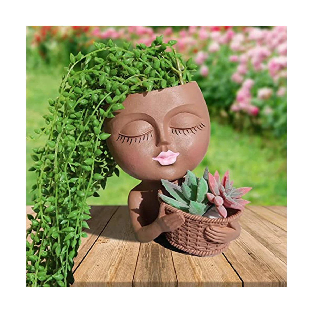 Two-In-One Flowerpot,Cute Lady Face Plant Pots, Suitable for Indoor Outdoor Plants Succulent
