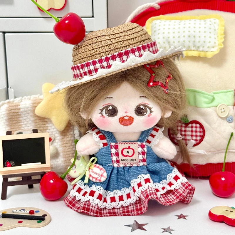 

Для LABUBU 1, 2, 3 поколений, для DIMOMO, для хлопковых кукол 10 см: милое синее джинсовое платье в форме яблока, соломенная шляпа, аксессуары.