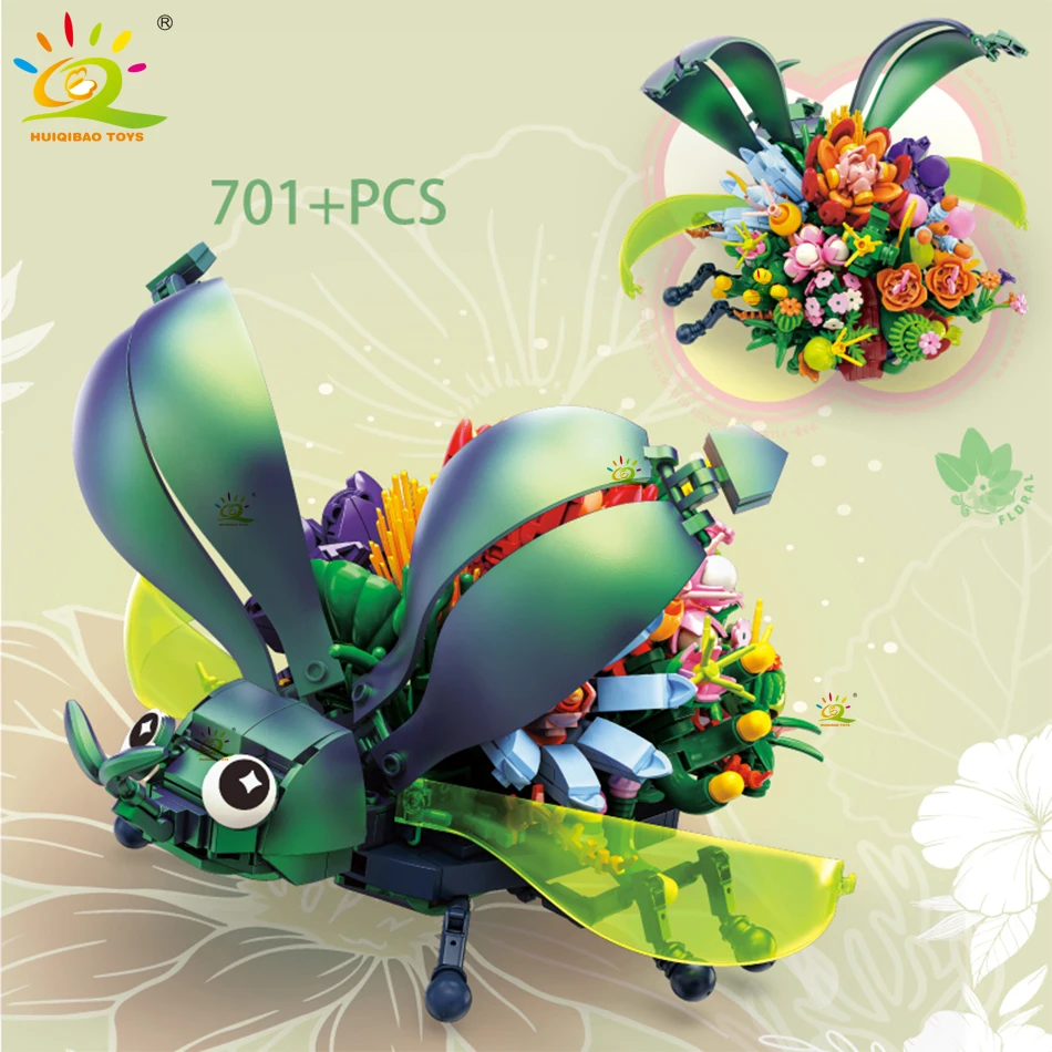 HUIQIBAO Moc Flower Insect Model Building Block Fly Bee Bouquet Plant Decoration City Construction Toy Kids Adult Romantic Gift