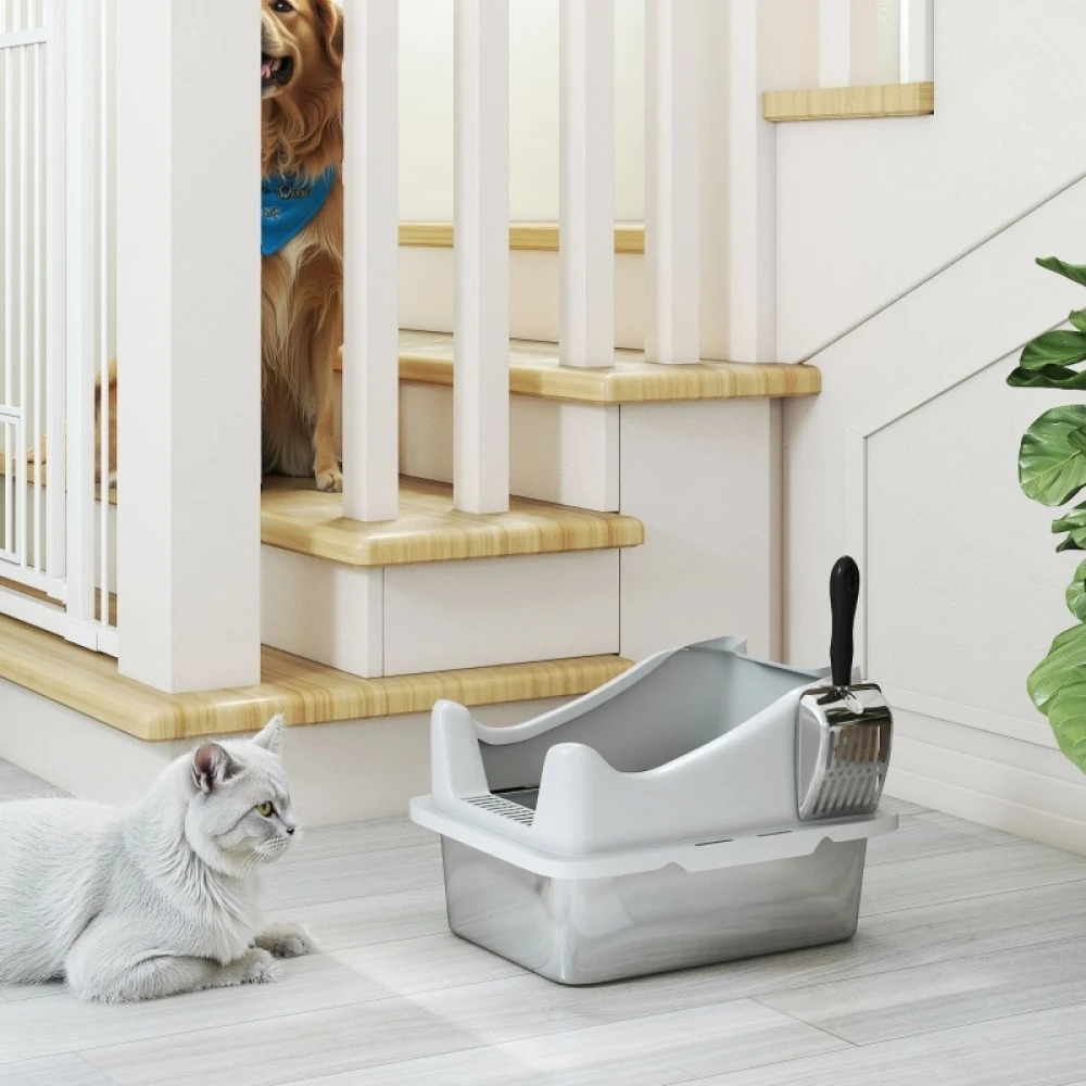 PINGGO Stainless Steel Cat Litter Box with High Sides, Metal Scoop, 43 X 33 X 25 cm, Simple, Comfortable, and Hygienic