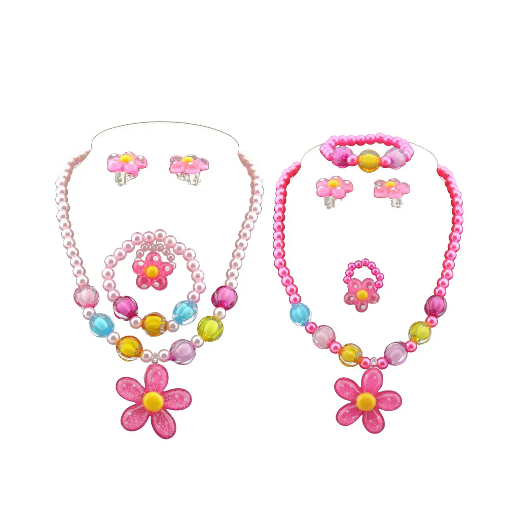 

2 set Plastic Floral Jewelry Set for Young Girls Kids Necklace Bracelet Party Favor Toddler Accessories 5 Piece Suit Colorful