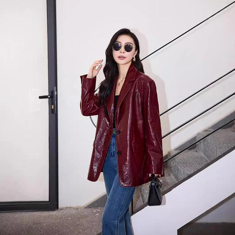 Women\'s Genuine Leather Sheepskin Coats Autumn Lapel Two Buttons Burgundy Long Loose High-Grade Waxed Goatskin Suit Jacket Lady