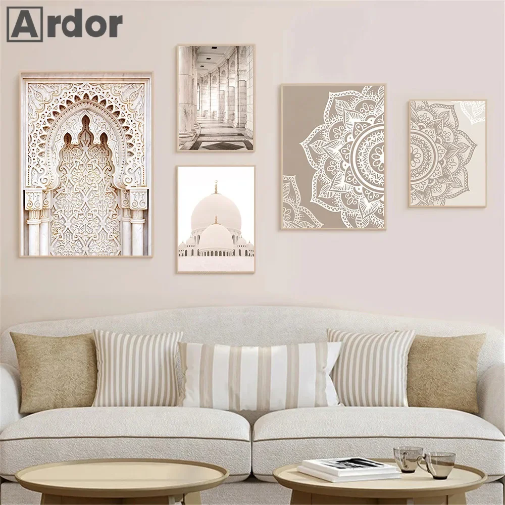 Beige böhmischer moderner islamischer Druck Mandala Blumenposter Moschee Marokko Tür Leinwand Malerei Yoga Wandkunst Bilder Home Decor