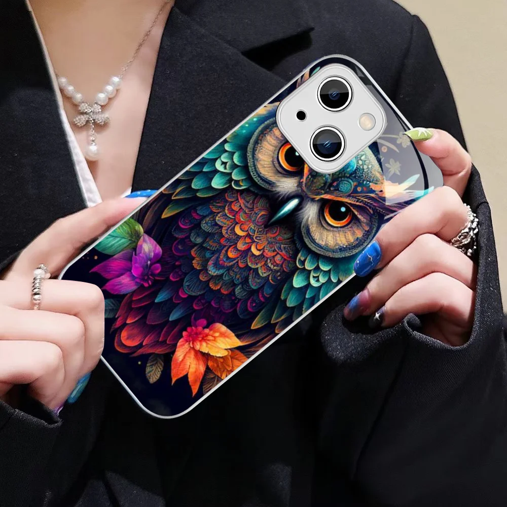 Colorful Owl Bird Phone Case Tempered Glass For iphone 14 13 12 11 Pro Mini XS MAX 14Plus X XS XR Cover