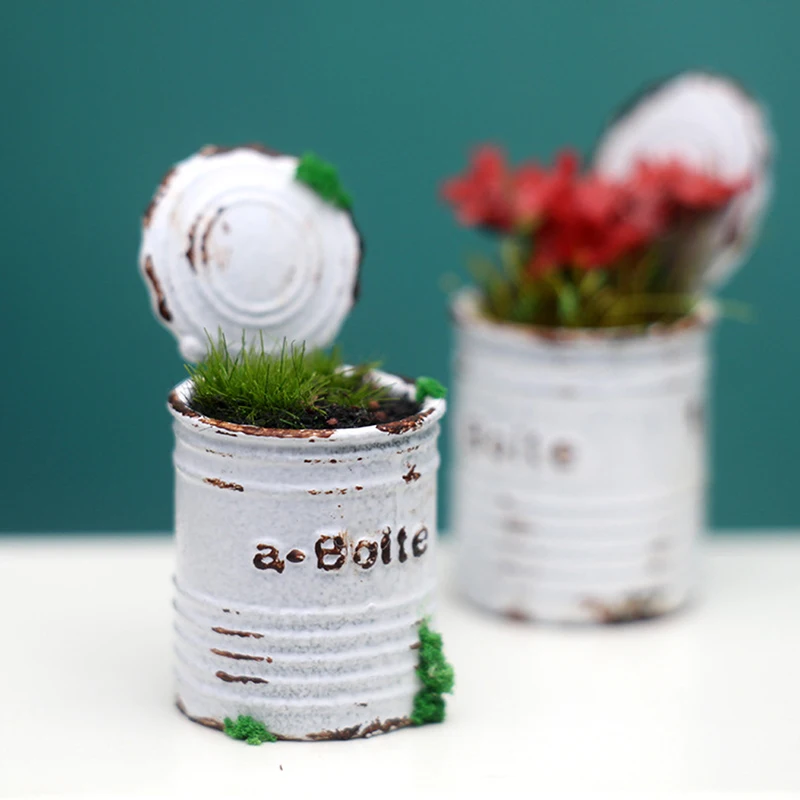 Dollhouse Miniature Plantas à beira-mar com vaso de metal, Vaso de flores em vaso, Modelo Bonsai, Decoração do jardim