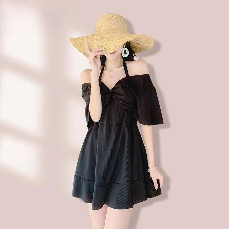 

Women's Swimdress Black Off Shoulder Halter Neck Twist Front Textured Fabric Ruffled Hem Summer Beach Bathing Suit Swimwear