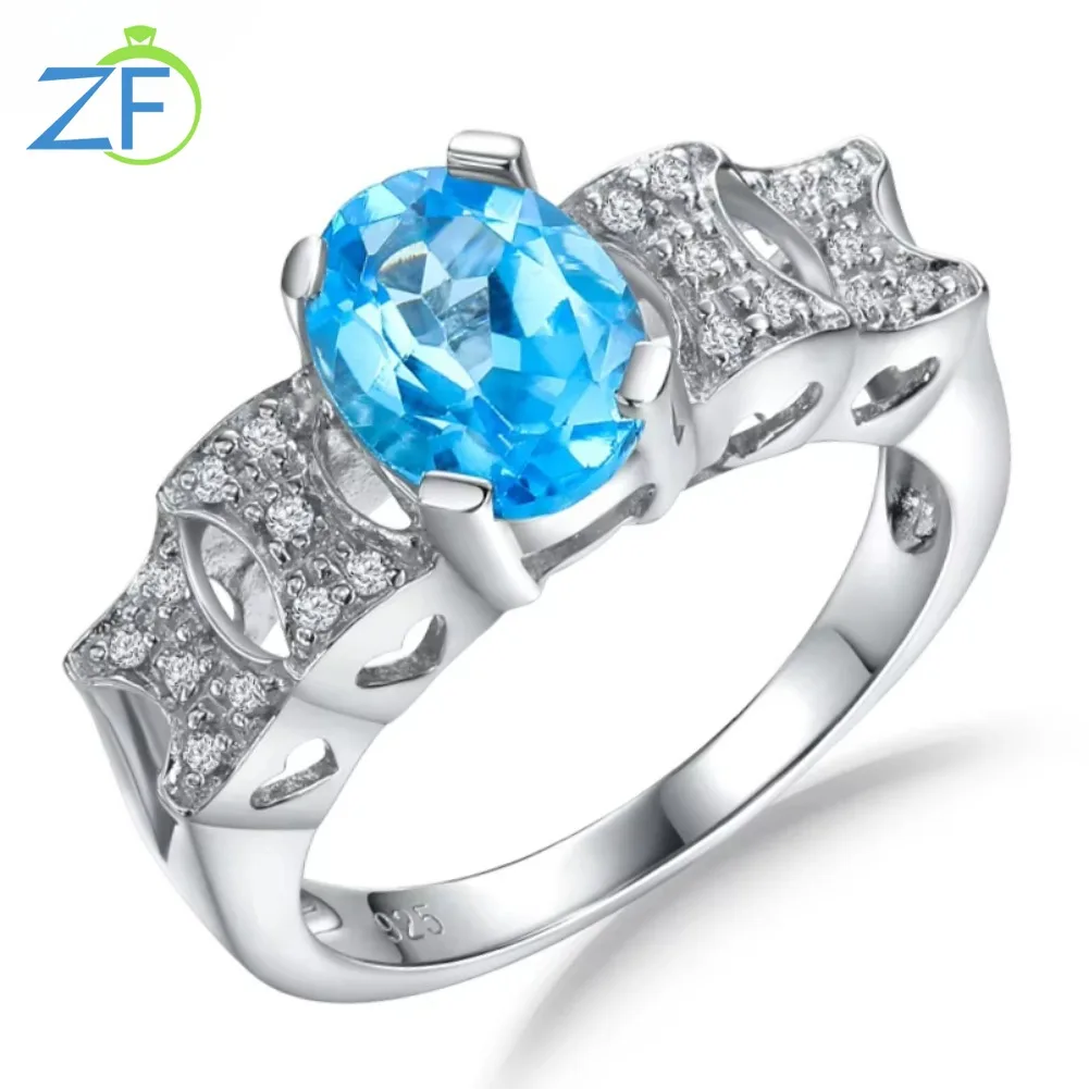 

GZ ZONGFA Genuine Hollow Heart Diamond Ring for Women 925 Sterling Silver Swiss Blue Topaz Gemstone Fine Jewelry Wedding Gift