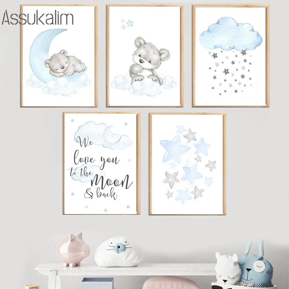 Bear Canvas Painting Balloon Print Pictures Blue Wall Art Stars Moon Painting Poster Nursery Posters Baby Boys Room Decoration