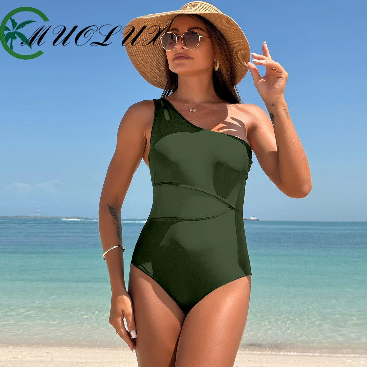 

2024 New Sexy One-piece Women's Swimsuit Sports Single Shoulder Mesh Bikini Tight Fit Belly Hugging Beach Monokini Swimsuit