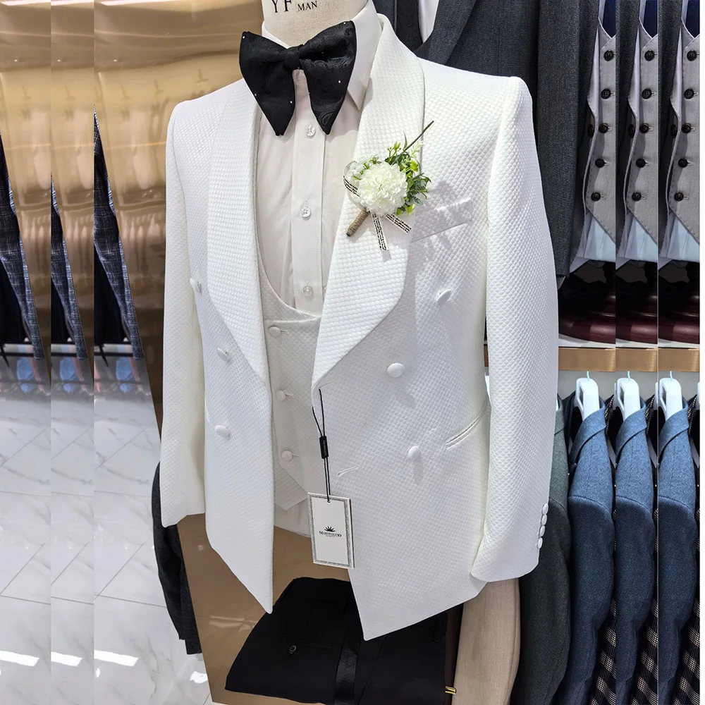 Elegant Double Breasted White Men's Suits Shawl Lapel Regular Length Slim Fit Wedding Blazer 3 Piece Jacket Pants Vest Clothing