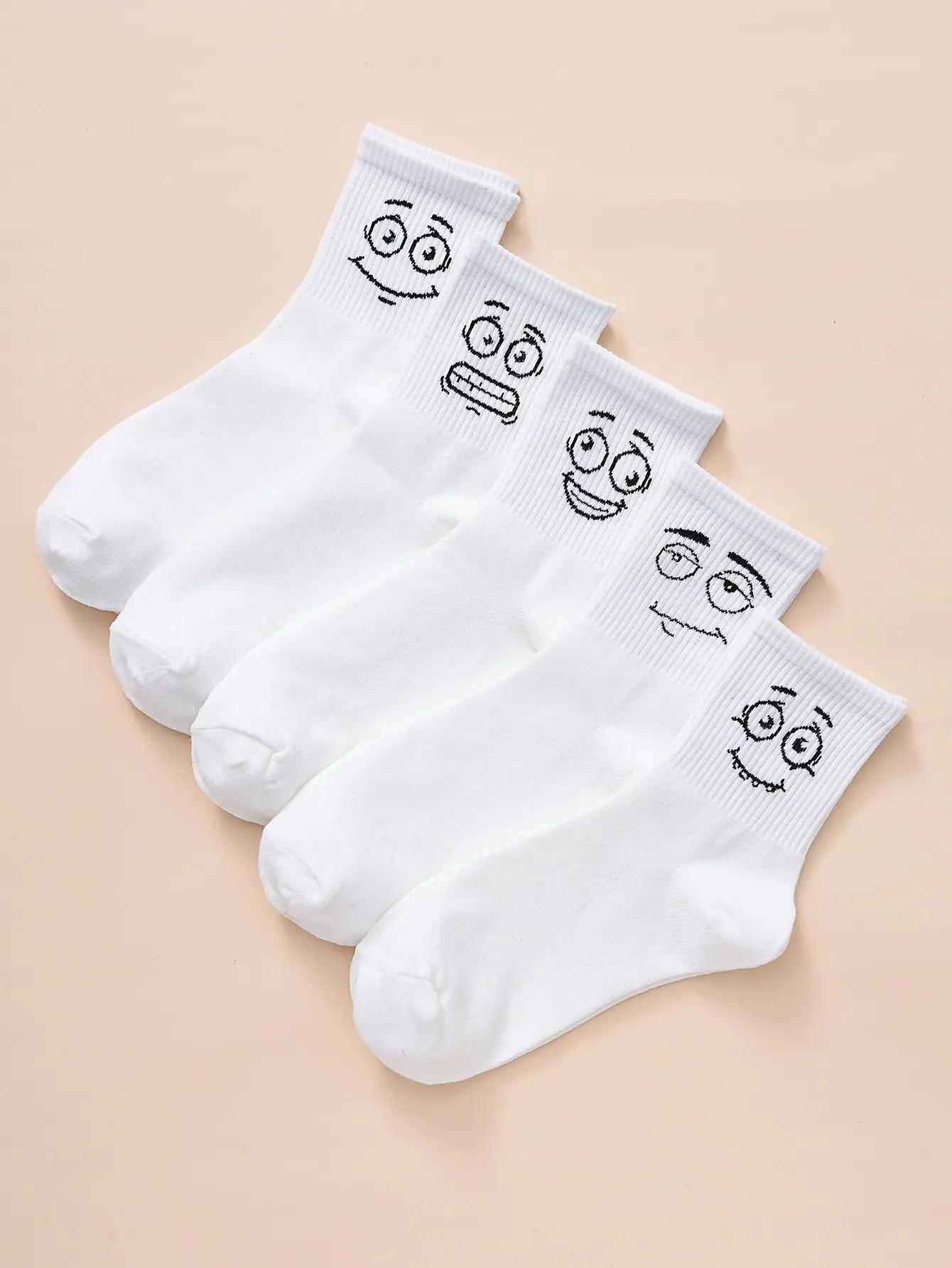 5 Pairs Middle Tube Men Socks Set White Solid Cartoon Graphic Pattern Fashion Breathable For Male Style Casual Comfortable Socks