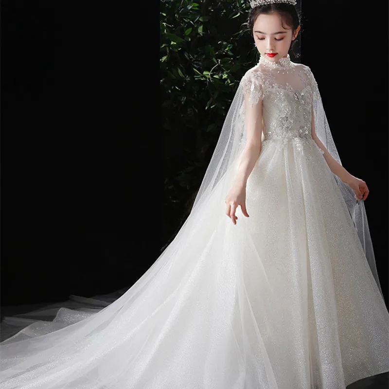 Girls Trailing Dress Flower Girl Wedding Model Catwalk Children's Piano Performance Costume Birthday Party Host Evening Dress