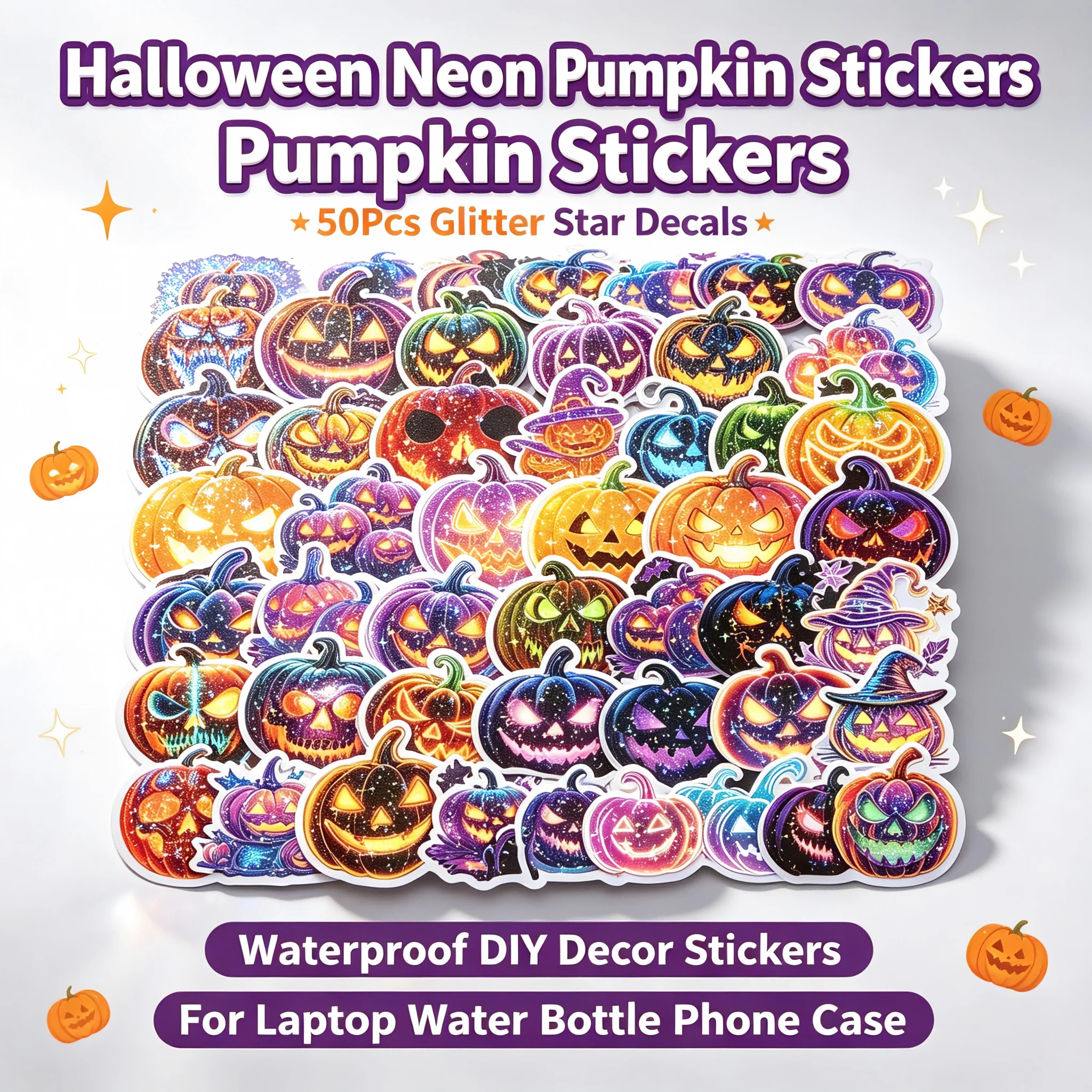 Halloween Neon Pumpkin Stickers, 50Pcs Glitter Star Decals, Waterproof DIY Decor Stickers For Laptop Water Bottle Phone Case