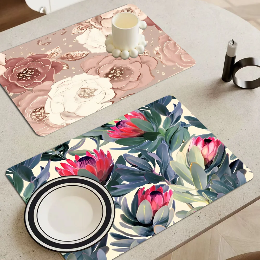 

Green leaf flower Kitchen Draining Mat Non-slip Drain Dish Mats Coffee Pad Heat Resistant Placemat Dinnerware Dustproof Pads