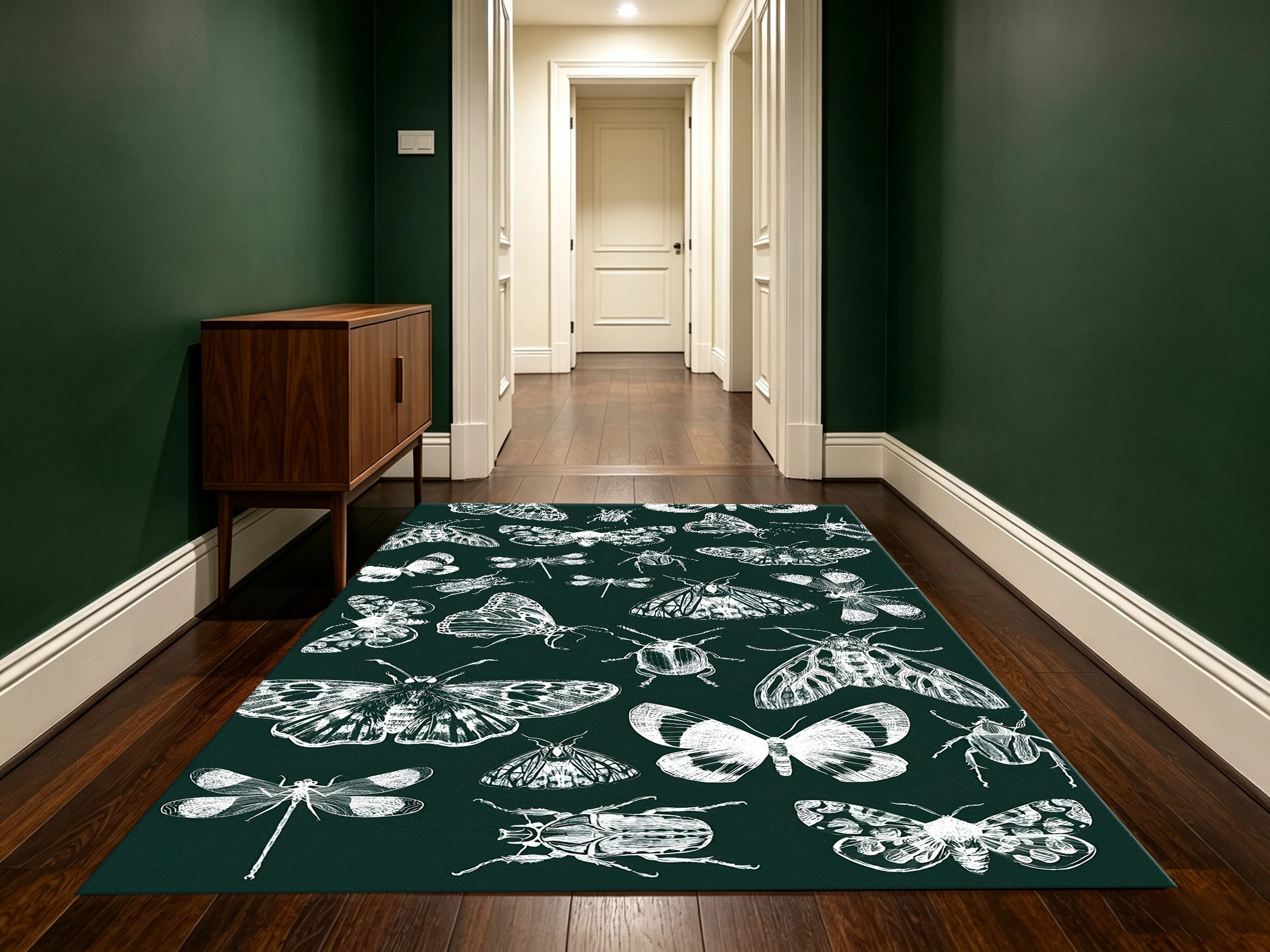 2D Large Carpet Dark Green White Butterfly Insect Retro Niche for Living Room Bedroom Bedside