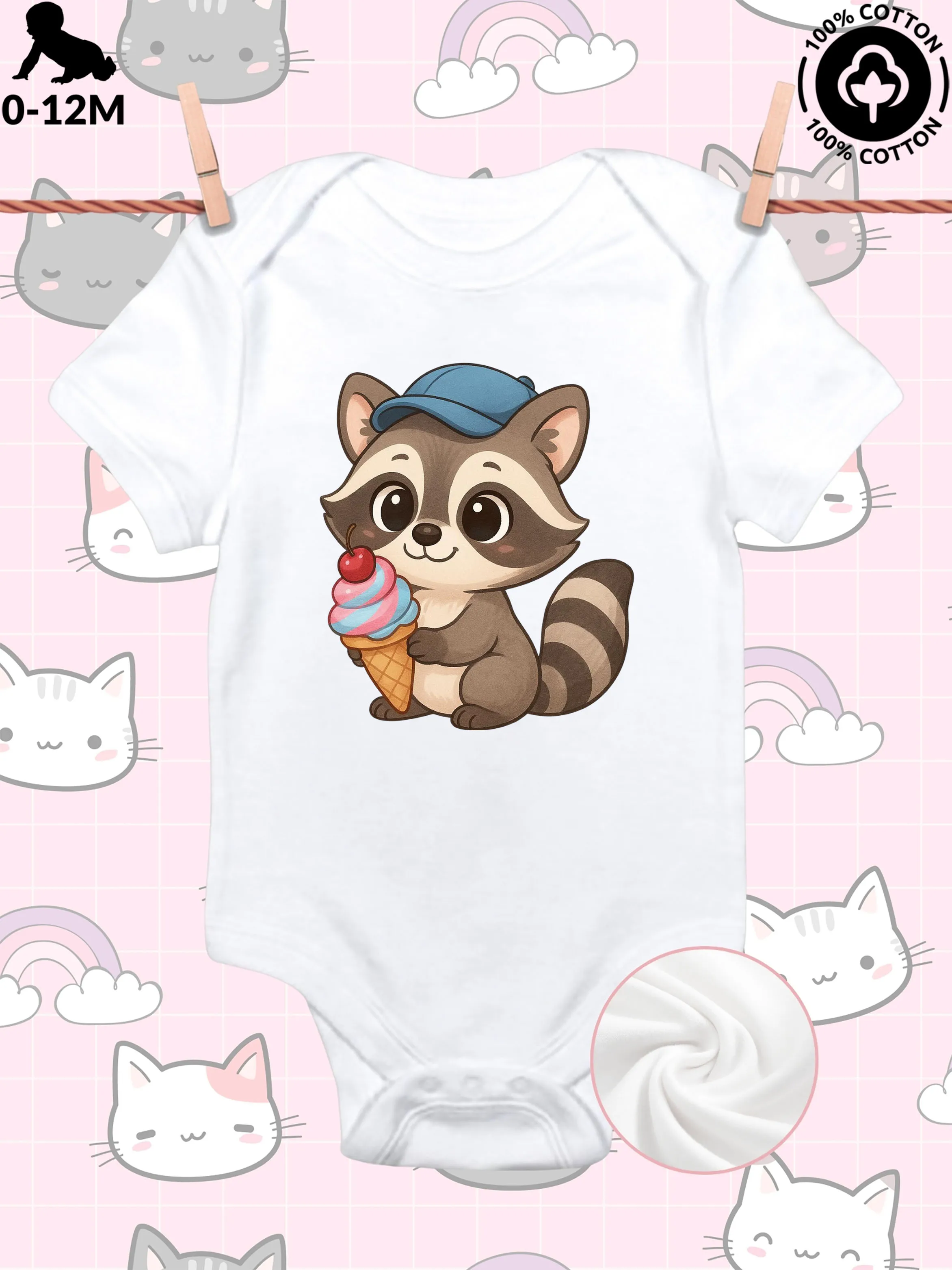 

Raccoon With Ice Cream Unisex Baby Crawling Suit, Pure Cotton Soft Onesie, All-Season Wear White Bodysuit 190GSM