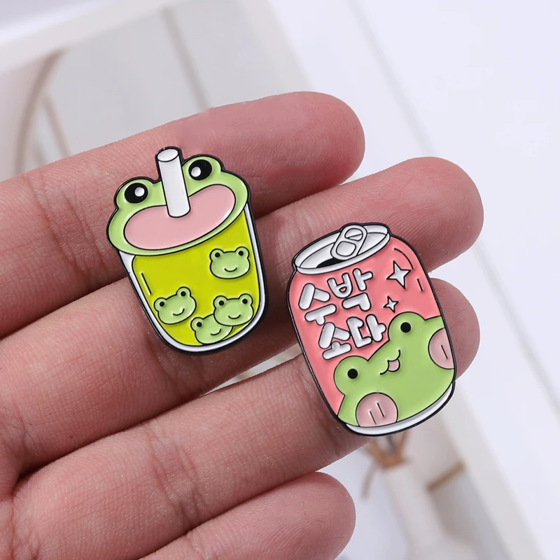 Froggy Enamel Pins Custom Cute Frog Coffee Mug Milk Juice Can Brooches Lapel Badges Animal Jewelry Gift for Kids Friends