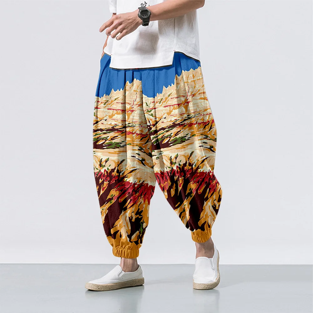 Hipster Ice Silk Satin Men's Pants Mountains and Nature Chinese Style Loose Trousers Smooth Satin Pants Tai Chi Beach Pants