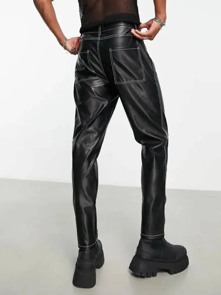Straight-Leg Leather Pants For Men Women, Large Casual Pants, Deep Stitching, White Line, Autumn And Winter, New