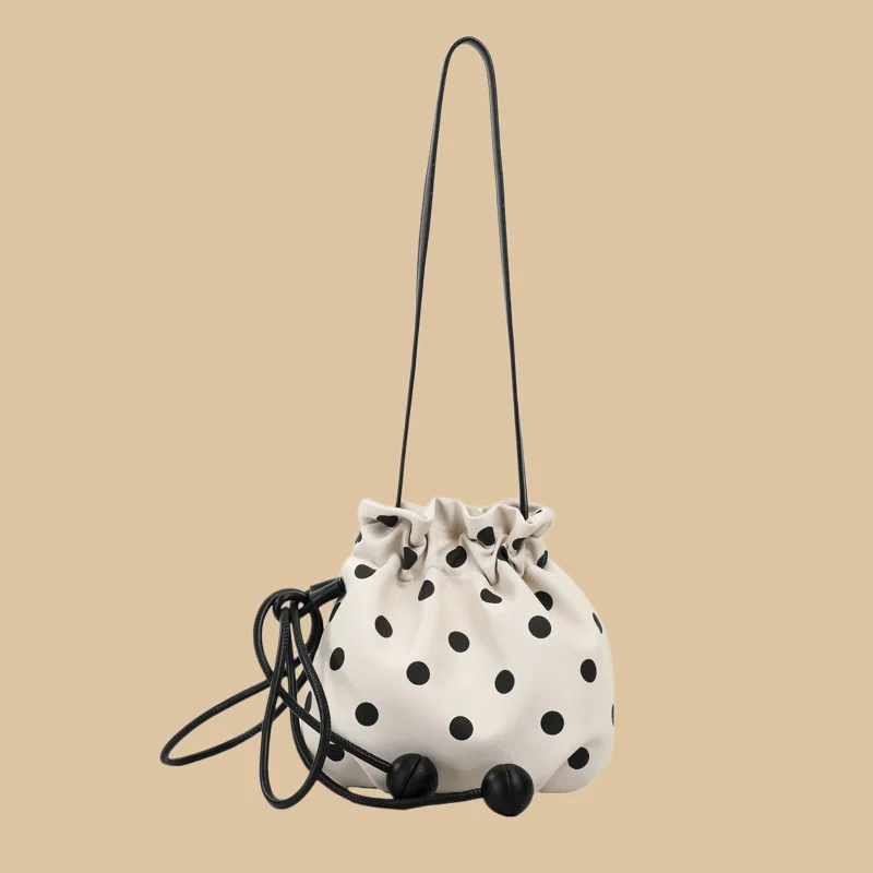 

ZAMA Women Mini Drawstring Bucket Bag, Cute White Black Polka Dot Crossbody Bag, Fashion Ruched Shoulder Purse with Black Ball D