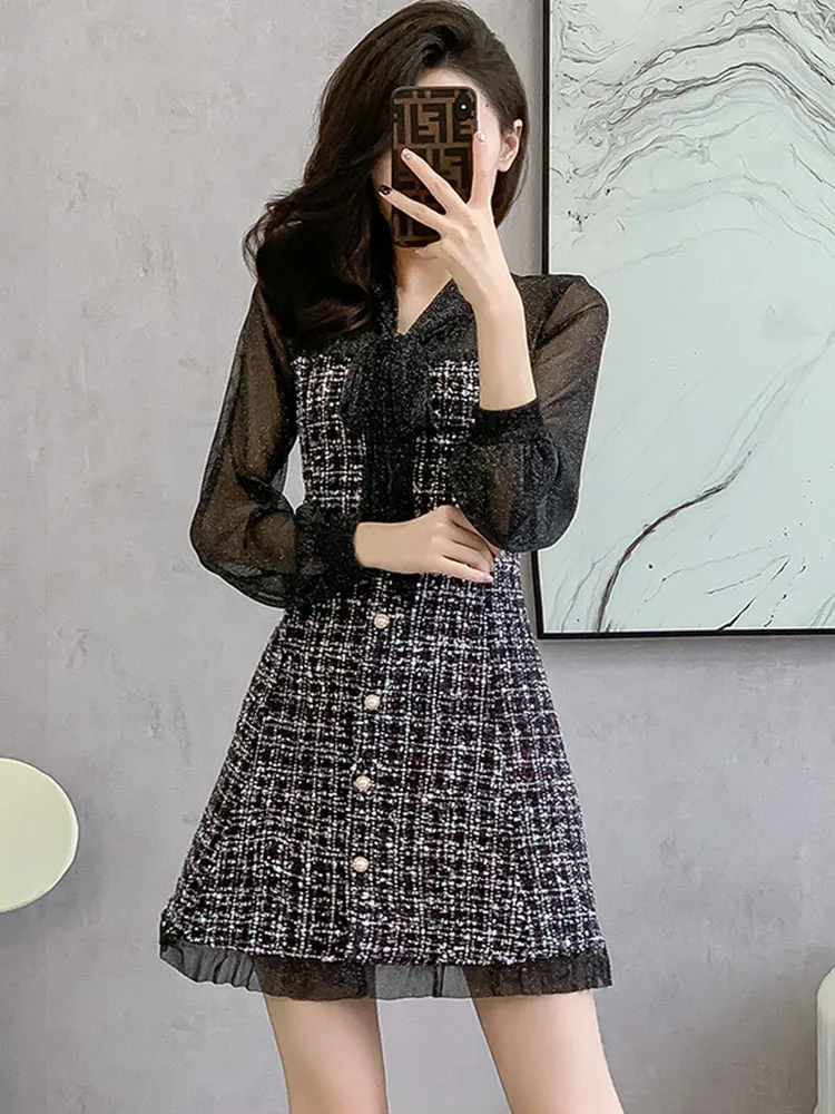 Korean Small Fragrant Tweed Dress Sweet Tie Long Sleeve Patchwork Single Breasted Casual Dresses Vintage Clothes For Woman image 6