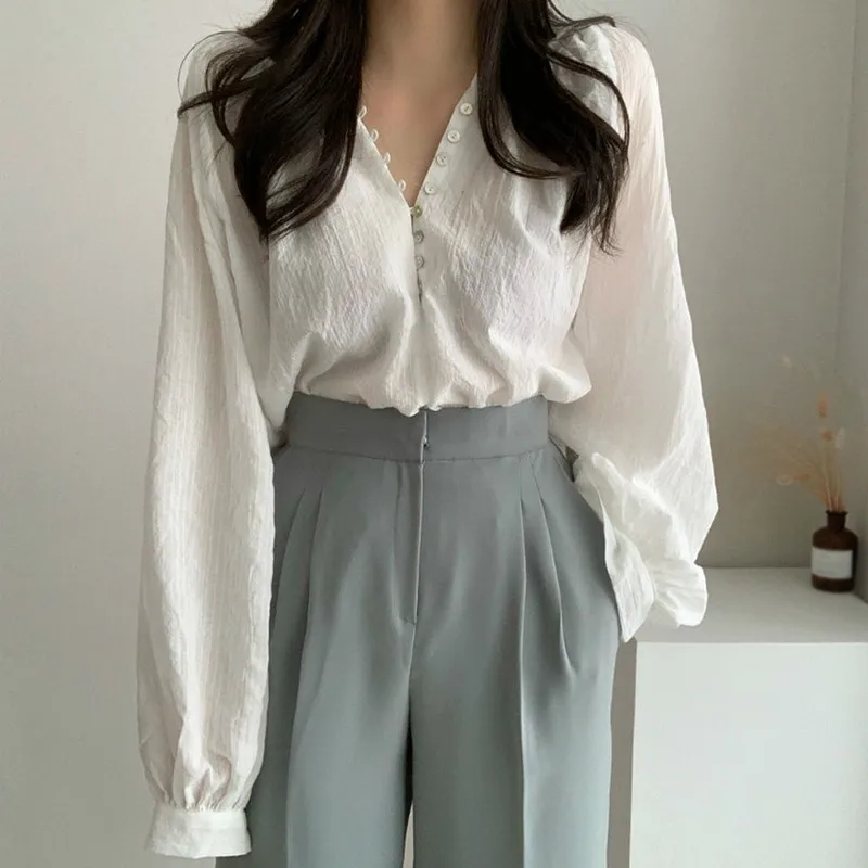 Chic Long Sleeve Thin Cotton Soft Shirt Lady Summer Sweet Puff Sleeve V-Neck Button Air Condition Commuting Simple Loose Shirt