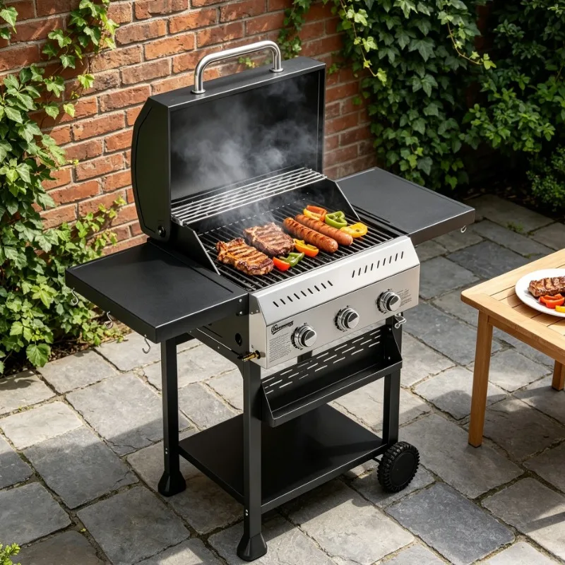 Grill, BBQ-Grill, Gasgrill, 3 Brenner, Edelstahlwagen, klappbarer Seitentisch, Gewürzregal, untere Ablage, 6 Haken, robust, langlebig, tragbar, für Garten, Terrasse, Balkon, Camping, Grillparty,