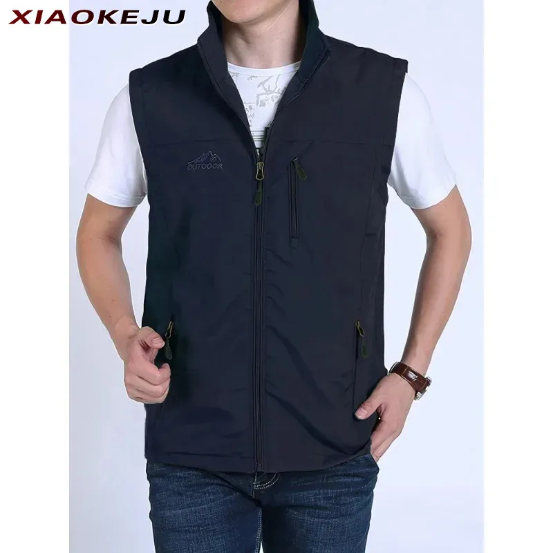 

Work Sleeveless Men's Hunting Leather Vests Denim Jacket Multi Vest Pocket Fishing MAN Multi-pocket Motorcyclist Embroidered Zip