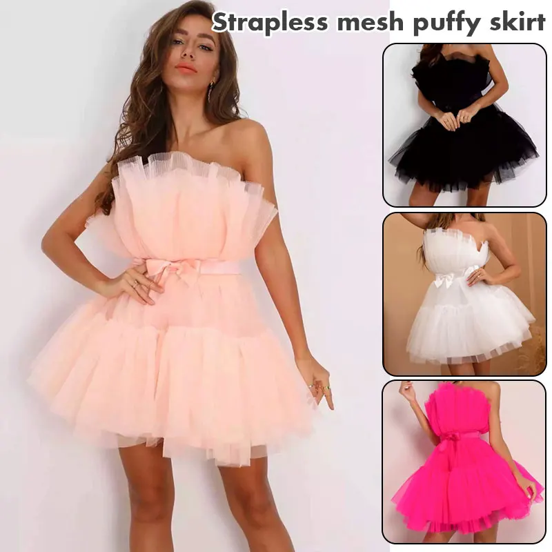 Abito da ballo estivo da donna sexy Solido elastico in vita senza maniche a fascia in filato netto Elegante abito soffice con fiocco Nuovo