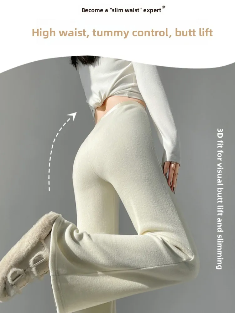 Weiße, mit Fce gefütterte, gestrickte Wollhose mit weitem Bein für Damen, Herbst und Winter, hohe Taille, elastischer Verschluss, hohe Faion-Freizeithose