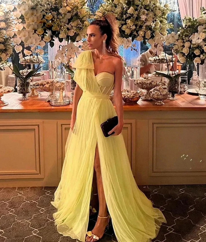 

Customized Sexy Tulle A-Line One Shoulder 3D Bow Evening Dress High Quality Sleeveless Floor Length Party Gowns Custom Made